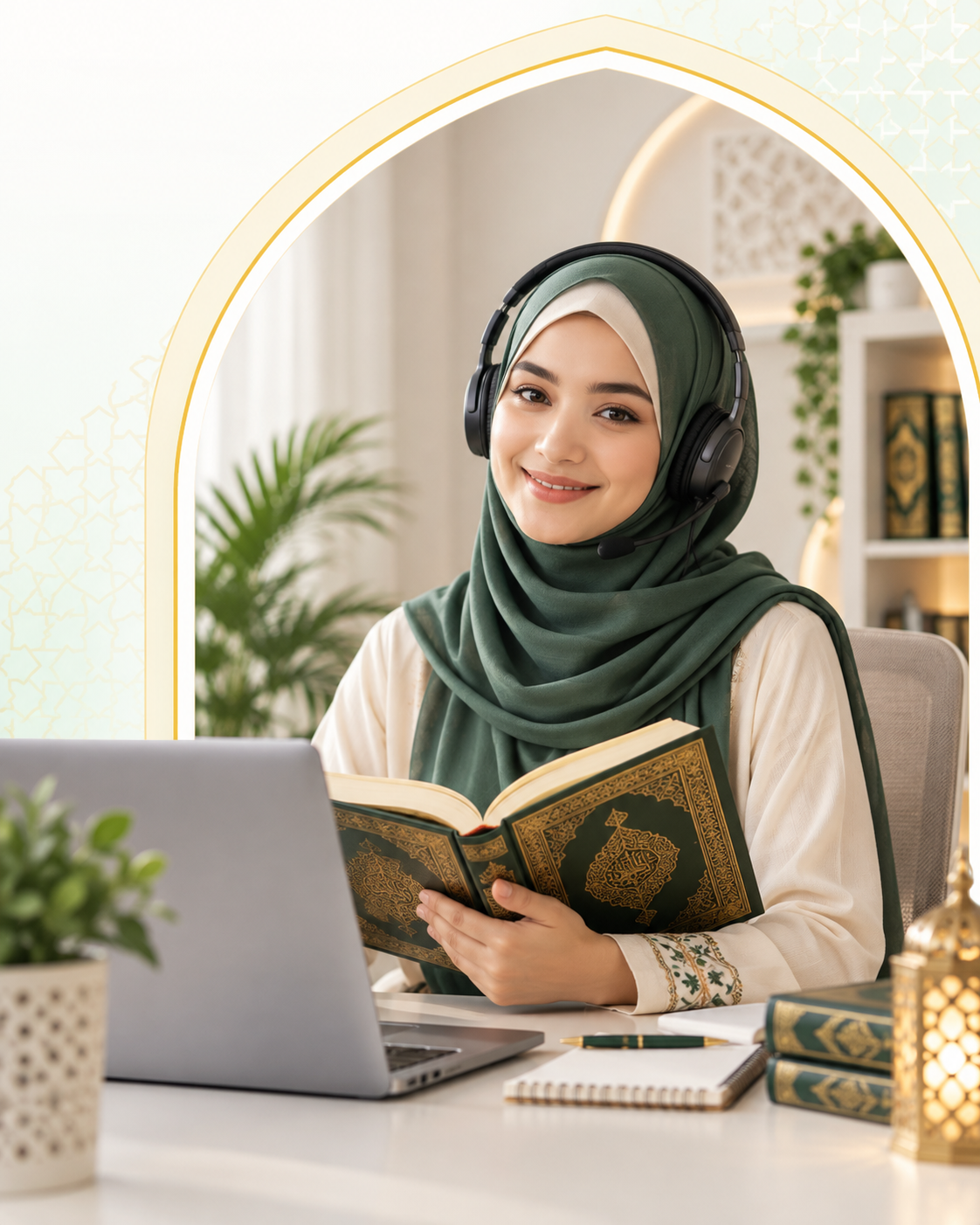 Female online Quran tutor holding the Holy Quran and teaching beside a laptop
